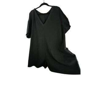 Black Oversized Cotton Short Romper V Neck Loose Fit Rear Pockets Size XXL